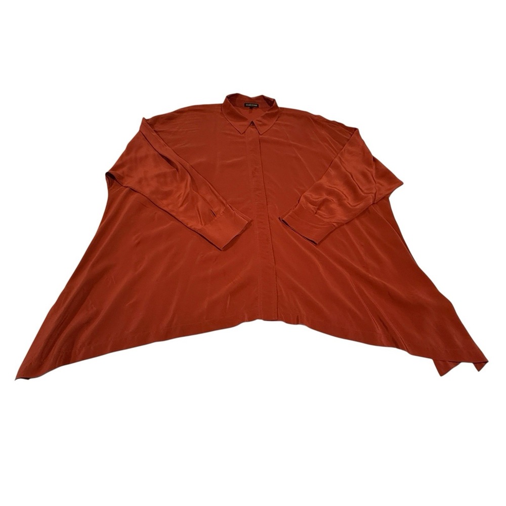 Eileen Fisher 100% Silk Oversized Boxy Button Down Shirt Rust-orange Size Large
